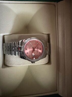 Stainless Steel Watch with Pink Dial Rolex with box